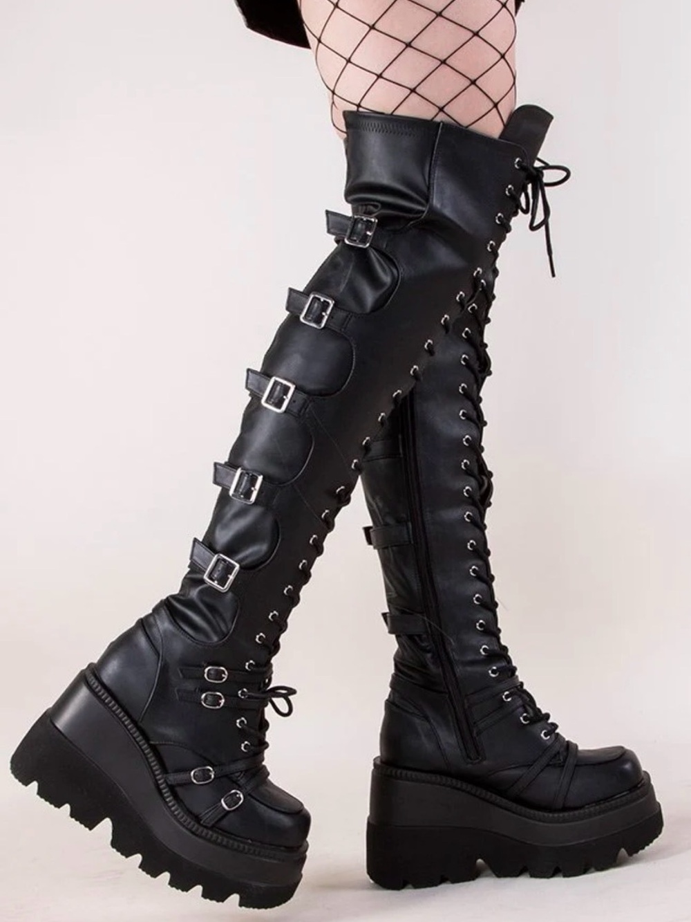 Black Over The Knee Goth Platform Boots Buckle Strap Thigh High Sz 39 /US 8